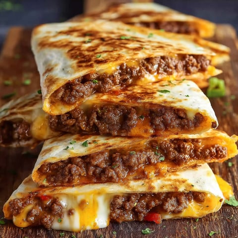A stack of hamburger quesadillas on a wooden cutting board.