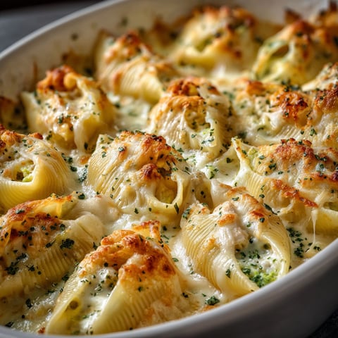 A dish of Cheesy Chicken Shells is displayed in a white bowl.