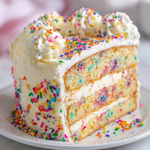 A slice of Funfetti Cheesecake Cake on a plate.