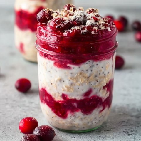 A glass jar filled with Cranberry Overnight Oats.