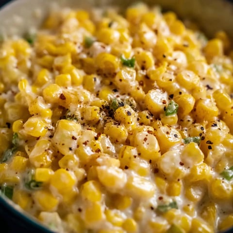 A bowl of creamed corn with jalapenos and corn.