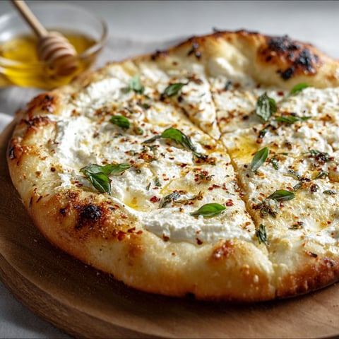 A delicious hot honey ricotta pizza with fresh herbs on top.
