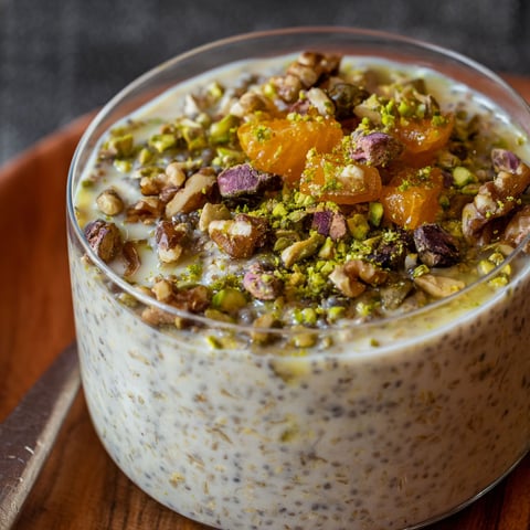 A glass bowl filled with a delicious overnight oats recipe, topped with nuts and orange slices.