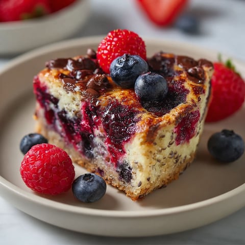 A slice of High Protein Berry Bake is displayed on a plate with blueberries and raspberries.