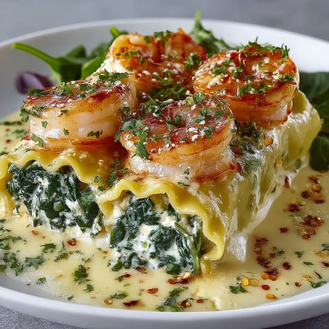 A plate of food with a creamy shrimp and spinach lasagna roll on it.
