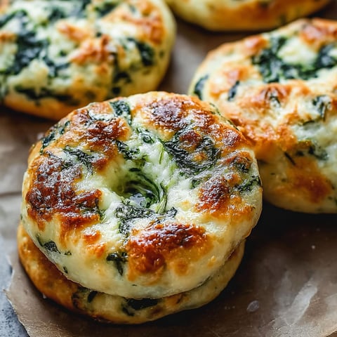 A close up of a spinach cheese flagel, with a slice cut out to reveal the filling.