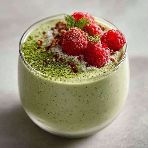 A glass of Matcha Chia Seed Pudding with raspberries on top.