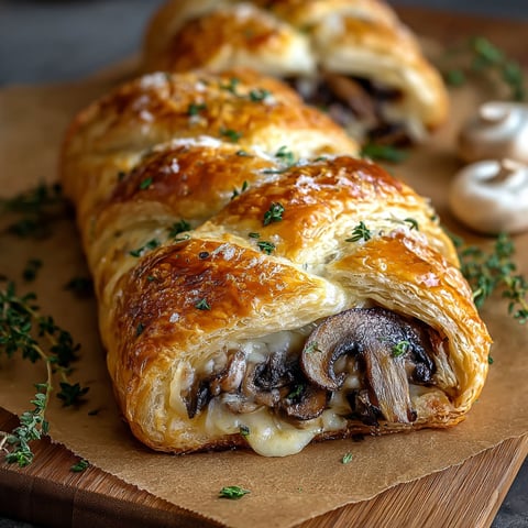 A delicious looking savory mushroom and gruyere puff pastry braid is displayed on a wooden cutting board.