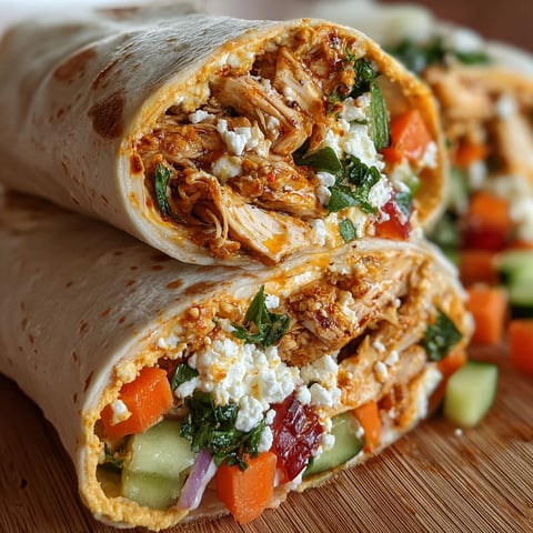 A delicious Chicken & Hummus Veggie Wrap is displayed on a wooden table.