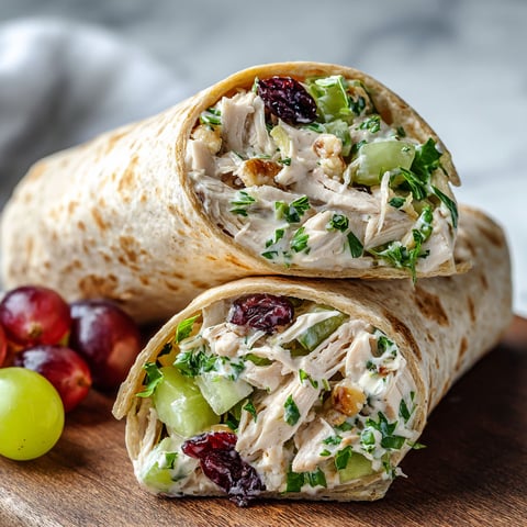 A delicious and healthy chicken salad wrap is displayed on a wooden cutting board, accompanied by a side of grapes.