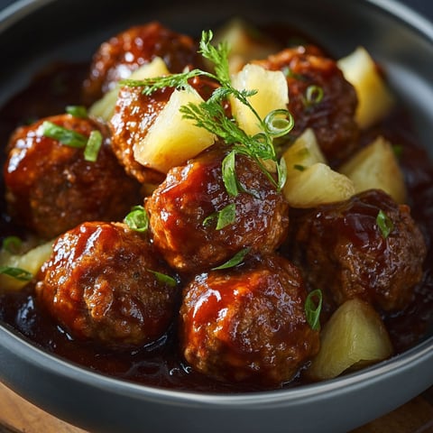 A bowl of slow cooker pineapple barbecue meatballs with a green garnish on top.