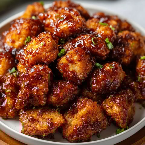 A plate of Honey BBQ Chicken Bites is served on a wooden table.