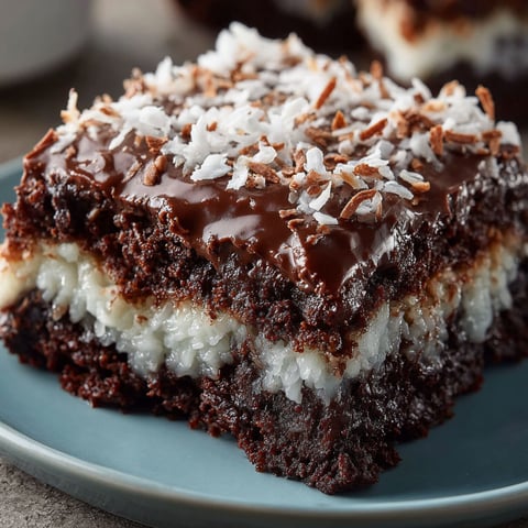 A slice of Mounds Cake with chocolate and coconut toppings.