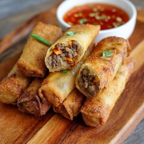 A plate of air fryer lumpia, a popular Filipino dish, is served with a bowl of dipping sauce.
