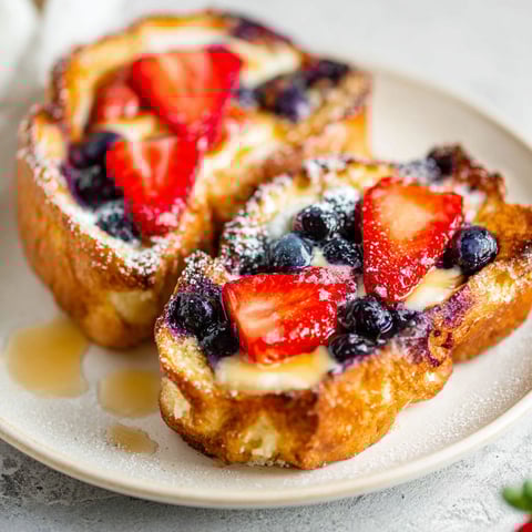 A plate of Custard Yogurt Toast with strawberries and blueberries on top.