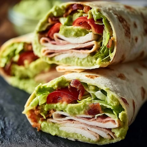 A delicious turkey avocado wrap is ready to be enjoyed.