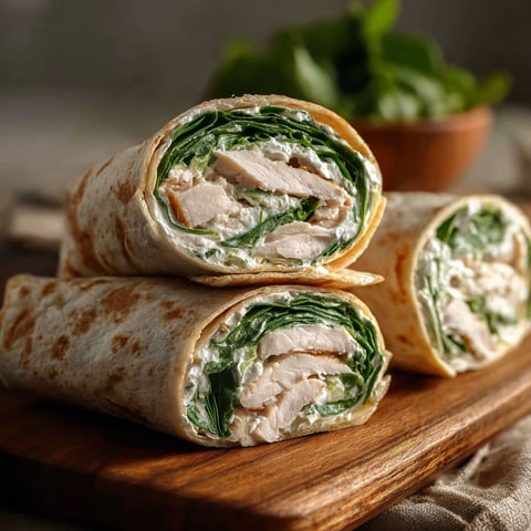 A Wholesome Spinach Turkey Wrap is displayed on a wooden cutting board.