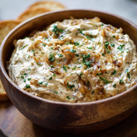 A bowl of Caramelized Onion Dip is served with a side of bread.