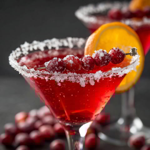 Two glasses of Cranberry Martini are garnished with a slice of orange and a cherry.