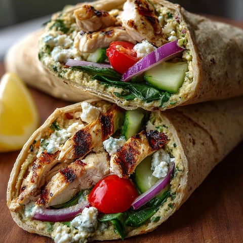 A delicious Mediterranean Chicken Wrap with hummus, filled with chicken, tomatoes, cucumbers, and purple onions.