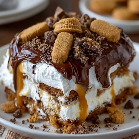 A delicious dessert made with layers of cookies, peanut butter, and chocolate, topped with whipped cream.