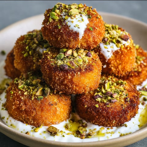 A plate of sweet potato croquettes with a burrata dip and pistachio crunch.