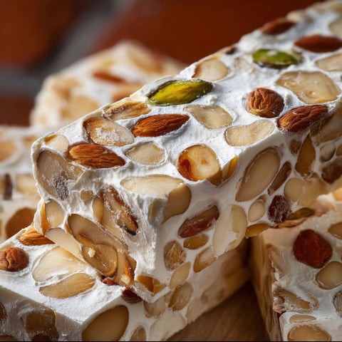 A close up of Italian Torrone, a dessert made with nuts, honey, and spices.