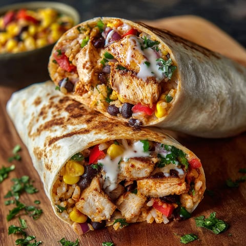 A Southwest Chicken Wrap is displayed on a wooden cutting board.