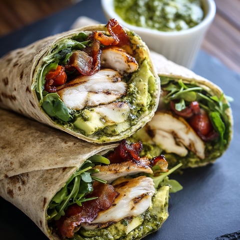 A delicious Pesto Chicken and Avocado Bacon Salad Wrap is served on a black plate.