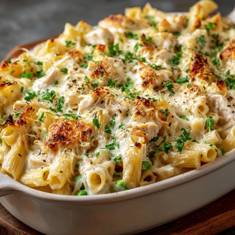 A delicious Chicken Alfredo Casserole is ready to be served.