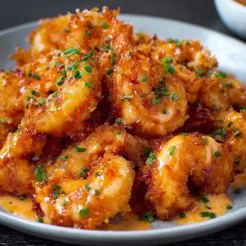 A plate of Spicy Bang Bang Shrimp with a dipping sauce.