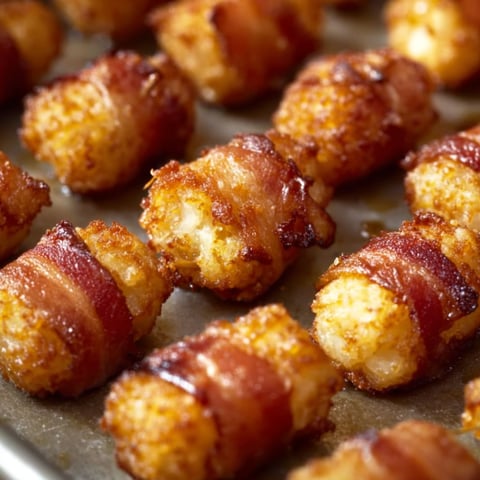 A tray of bacon-wrapped tater tots, ready to be baked.