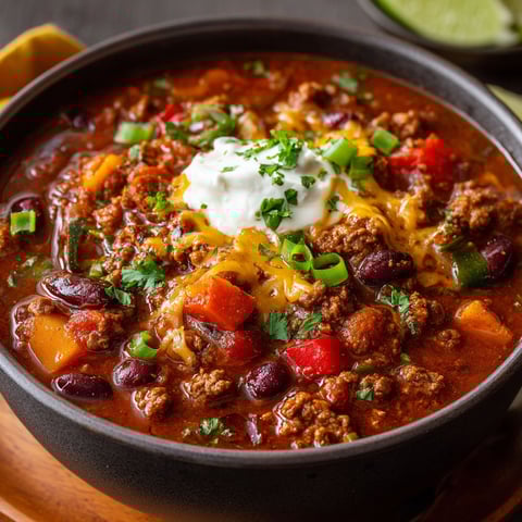 A bowl of chili with a dollop of sour cream on top.