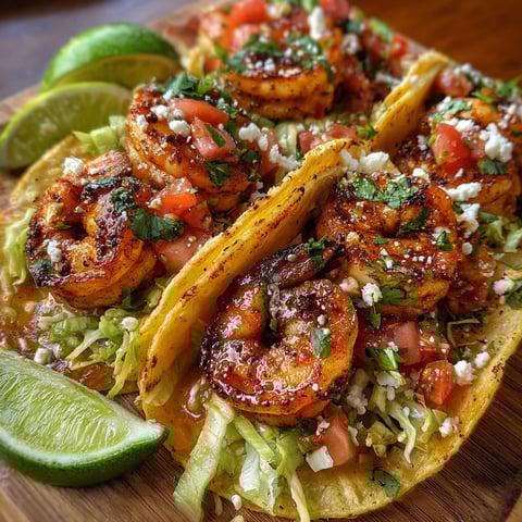 A delicious Chipotle Lime Shrimp Taco is served on a wooden platter with a side of lime wedges.