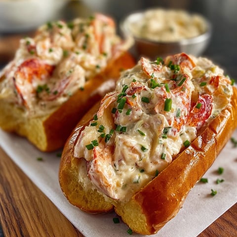 Two lobster rolls with creamy garlic butter and herbs on a wooden table.