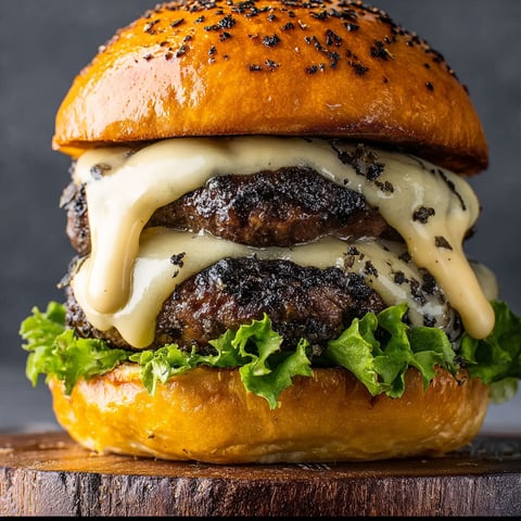 A delicious Black Garlic Truffle Gouda Burger with Midnight Aioli, ready to be devoured.