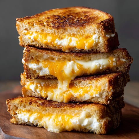 Four cheese grilled cheese sandwiches stacked on a wooden cutting board.