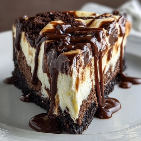 A slice of Hot Fudge Sundae Brownie Cheesecake is drizzled with chocolate sauce and topped with whipped cream.