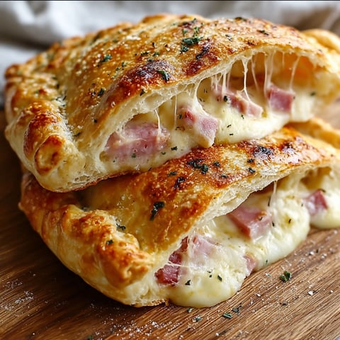A close up of a delicious ham and cheese calzone.