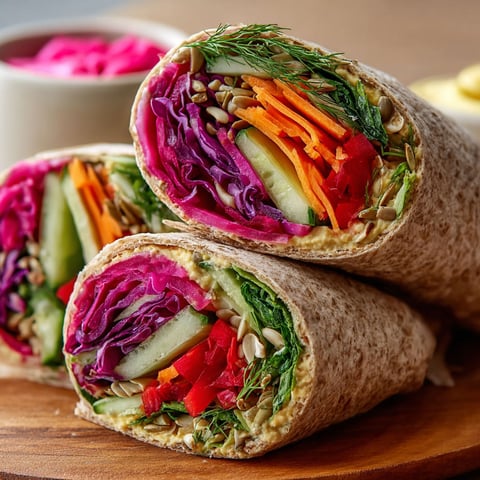 Two veggie wraps filled with vegetables such as carrots, cucumbers, and lettuce, are placed on a wooden cutting board.