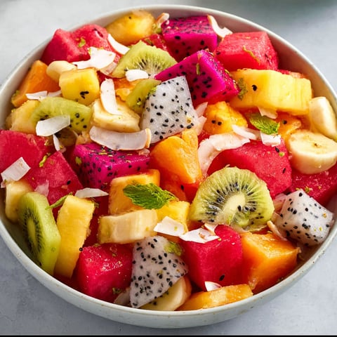 A bowl of tropical fruit salad with mango dressing.