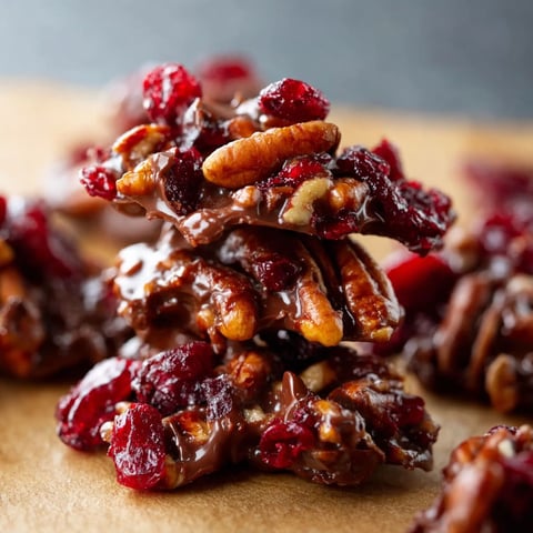 A stack of Cranberry Pecan Chocolate Clusters on a table.