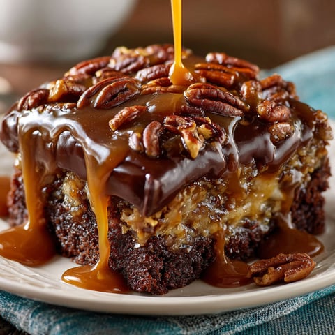A slice of Box-Mix Turtle Cake with caramel drizzle and pecans.
