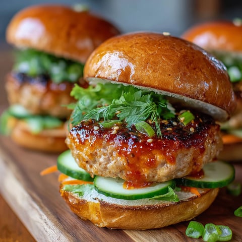 A close up of a Thai Sweet Chili Turkey Burger with a slice of cucumber on top.