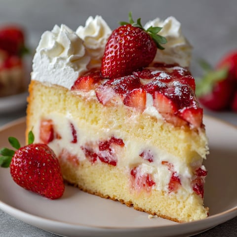 A slice of Strawberry Custard Delight Cake is served on a plate.