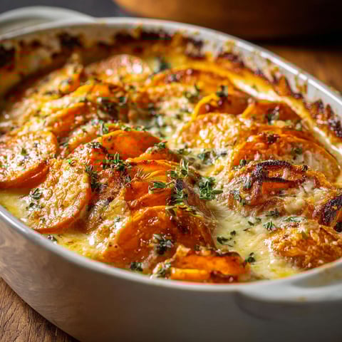 A delicious homemade garlic butter sweet potato bake.
