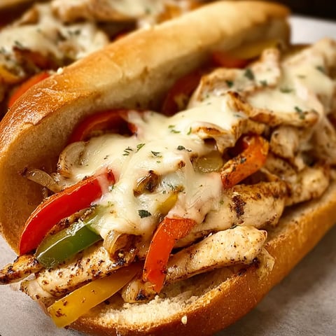 A delicious Chicken Philly Cheese Steak sandwich with peppers and onions.