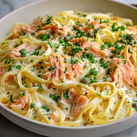 A bowl of linguine with smoked salmon and herbs.