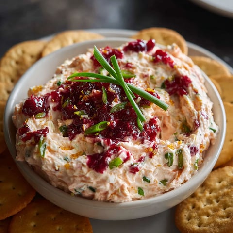 A bowl of Cranberry Jalapeño Cream Cheese Dip is served with crackers.