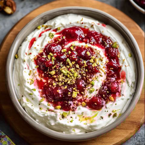 A bowl of Cranberry Whipped Feta Dip is displayed on a wooden cutting board.